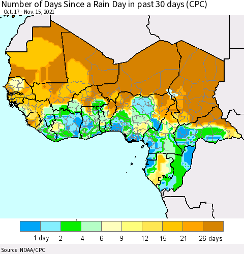 Western Africa Number of Days Since a Rain Day in past 30 days (CPC) Thematic Map For 11/11/2021 - 11/15/2021