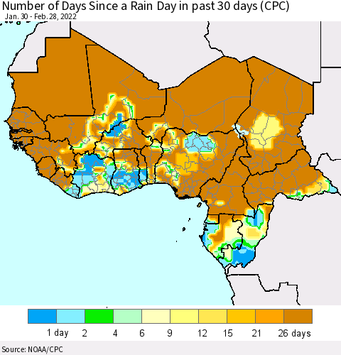 Western Africa Number of Days Since a Rain Day in past 30 days (CPC) Thematic Map For 2/26/2022 - 2/28/2022