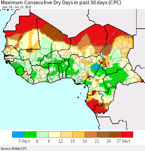 Western Africa Maximum Consecutive Dry Days in past 30 days (CPC) Thematic Map For 7/11/2021 - 7/15/2021