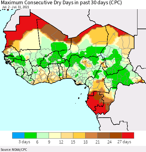 Western Africa Maximum Consecutive Dry Days in past 30 days (CPC) Thematic Map For 7/26/2021 - 7/31/2021