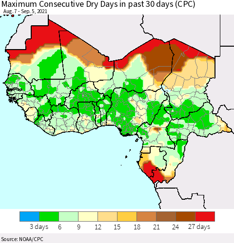Western Africa Maximum Consecutive Dry Days in past 30 days (CPC) Thematic Map For 9/1/2021 - 9/5/2021