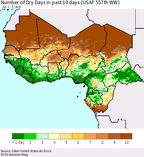 Western Africa Number of Dry Days in past 10 days (USAF 557th WW) Thematic Map For 7/1/2021 - 7/5/2021