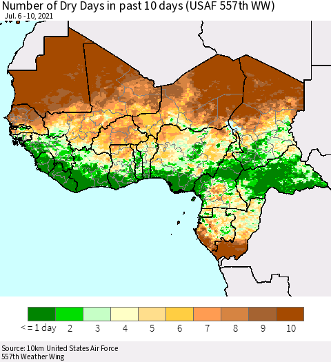 Western Africa Number of Dry Days in past 10 days (USAF 557th WW) Thematic Map For 7/6/2021 - 7/10/2021