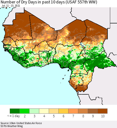 Western Africa Number of Dry Days in past 10 days (USAF 557th WW) Thematic Map For 7/11/2021 - 7/15/2021