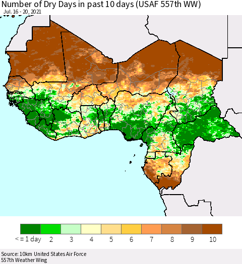 Western Africa Number of Dry Days in past 10 days (USAF 557th WW) Thematic Map For 7/16/2021 - 7/20/2021