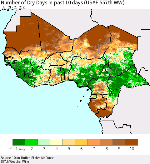 Western Africa Number of Dry Days in past 10 days (USAF 557th WW) Thematic Map For 7/21/2021 - 7/25/2021
