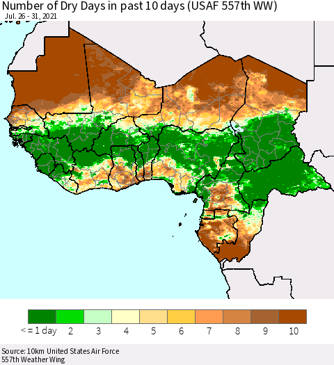 Western Africa Number of Dry Days in past 10 days (USAF 557th WW) Thematic Map For 7/26/2021 - 7/31/2021