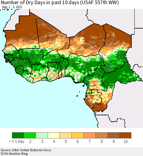 Western Africa Number of Dry Days in past 10 days (USAF 557th WW) Thematic Map For 8/1/2021 - 8/5/2021