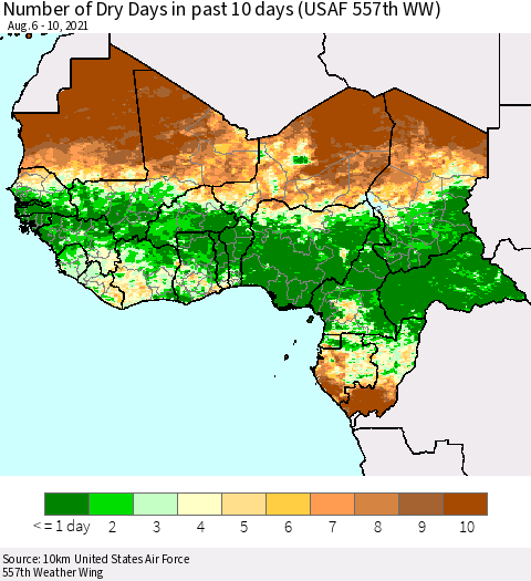 Western Africa Number of Dry Days in past 10 days (USAF 557th WW) Thematic Map For 8/6/2021 - 8/10/2021