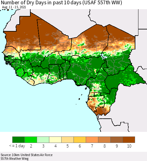 Western Africa Number of Dry Days in past 10 days (USAF 557th WW) Thematic Map For 8/11/2021 - 8/15/2021