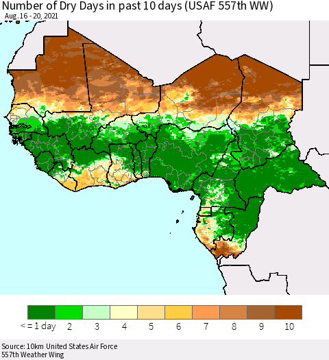 Western Africa Number of Dry Days in past 10 days (USAF 557th WW) Thematic Map For 8/16/2021 - 8/20/2021