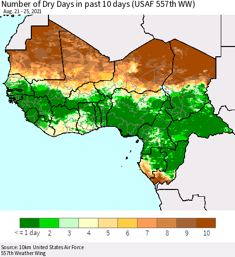 Western Africa Number of Dry Days in past 10 days (USAF 557th WW) Thematic Map For 8/21/2021 - 8/25/2021