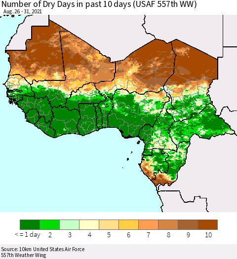 Western Africa Number of Dry Days in past 10 days (USAF 557th WW) Thematic Map For 8/26/2021 - 8/31/2021