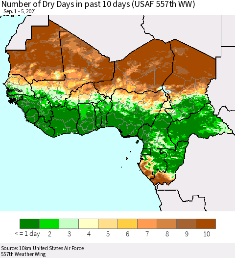 Western Africa Number of Dry Days in past 10 days (USAF 557th WW) Thematic Map For 9/1/2021 - 9/5/2021