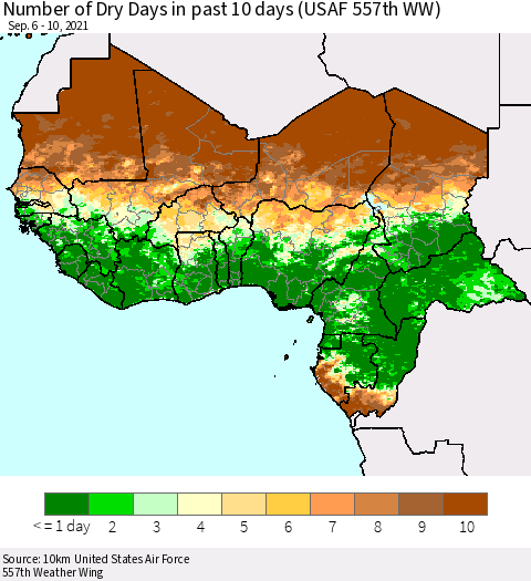 Western Africa Number of Dry Days in past 10 days (USAF 557th WW) Thematic Map For 9/6/2021 - 9/10/2021