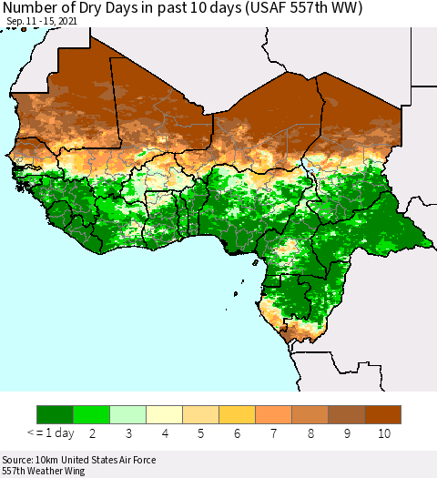 Western Africa Number of Dry Days in past 10 days (USAF 557th WW) Thematic Map For 9/11/2021 - 9/15/2021