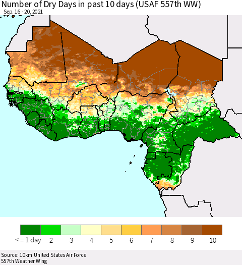 Western Africa Number of Dry Days in past 10 days (USAF 557th WW) Thematic Map For 9/16/2021 - 9/20/2021