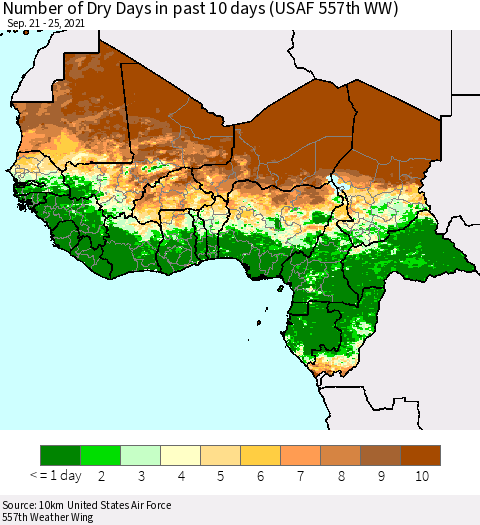 Western Africa Number of Dry Days in past 10 days (USAF 557th WW) Thematic Map For 9/21/2021 - 9/25/2021