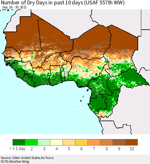 Western Africa Number of Dry Days in past 10 days (USAF 557th WW) Thematic Map For 9/26/2021 - 9/30/2021