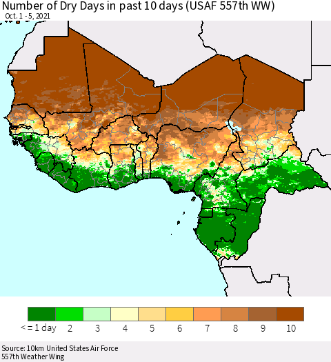 Western Africa Number of Dry Days in past 10 days (USAF 557th WW) Thematic Map For 10/1/2021 - 10/5/2021