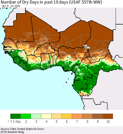 Western Africa Number of Dry Days in past 10 days (USAF 557th WW) Thematic Map For 10/6/2021 - 10/10/2021