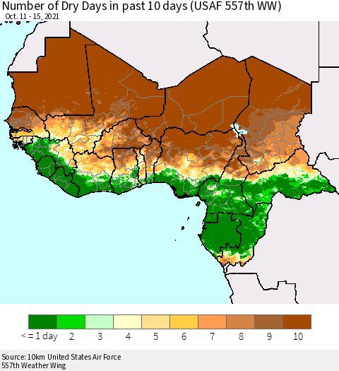 Western Africa Number of Dry Days in past 10 days (USAF 557th WW) Thematic Map For 10/11/2021 - 10/15/2021