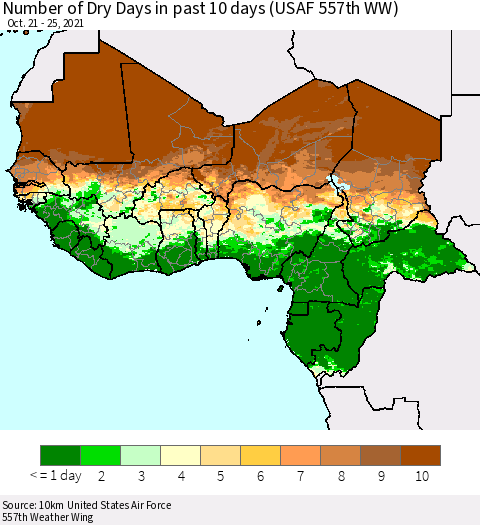 Western Africa Number of Dry Days in past 10 days (USAF 557th WW) Thematic Map For 10/21/2021 - 10/25/2021