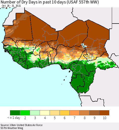 Western Africa Number of Dry Days in past 10 days (USAF 557th WW) Thematic Map For 10/26/2021 - 10/31/2021
