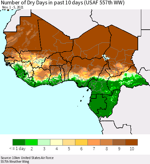 Western Africa Number of Dry Days in past 10 days (USAF 557th WW) Thematic Map For 11/1/2021 - 11/5/2021