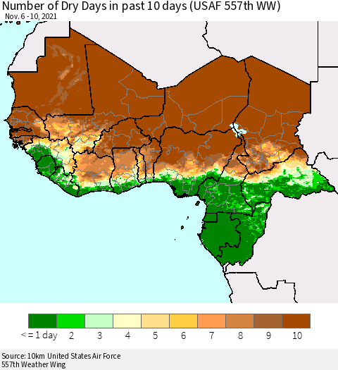 Western Africa Number of Dry Days in past 10 days (USAF 557th WW) Thematic Map For 11/6/2021 - 11/10/2021