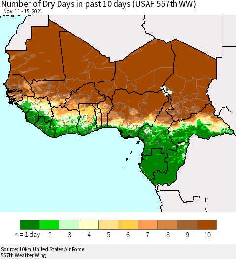 Western Africa Number of Dry Days in past 10 days (USAF 557th WW) Thematic Map For 11/11/2021 - 11/15/2021