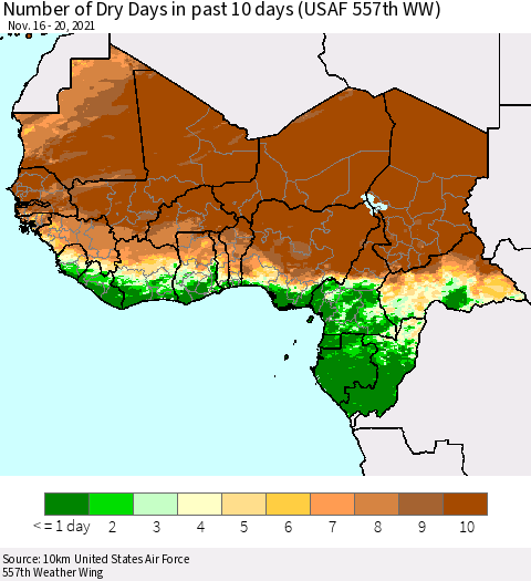 Western Africa Number of Dry Days in past 10 days (USAF 557th WW) Thematic Map For 11/16/2021 - 11/20/2021