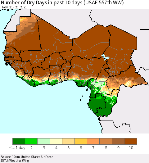 Western Africa Number of Dry Days in past 10 days (USAF 557th WW) Thematic Map For 11/21/2021 - 11/25/2021
