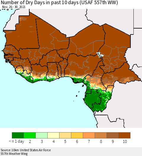 Western Africa Number of Dry Days in past 10 days (USAF 557th WW) Thematic Map For 11/26/2021 - 11/30/2021