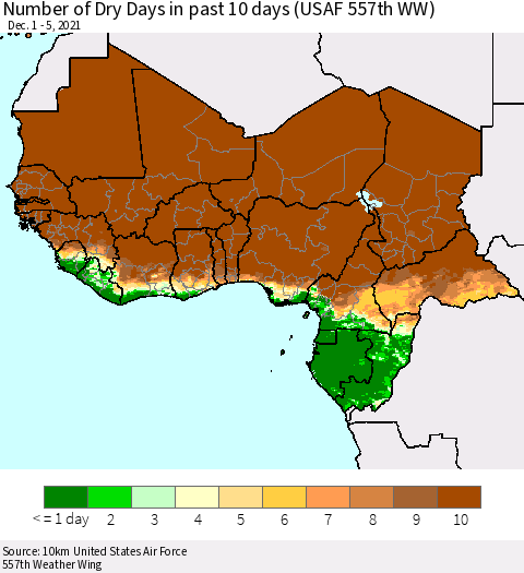 Western Africa Number of Dry Days in past 10 days (USAF 557th WW) Thematic Map For 12/1/2021 - 12/5/2021