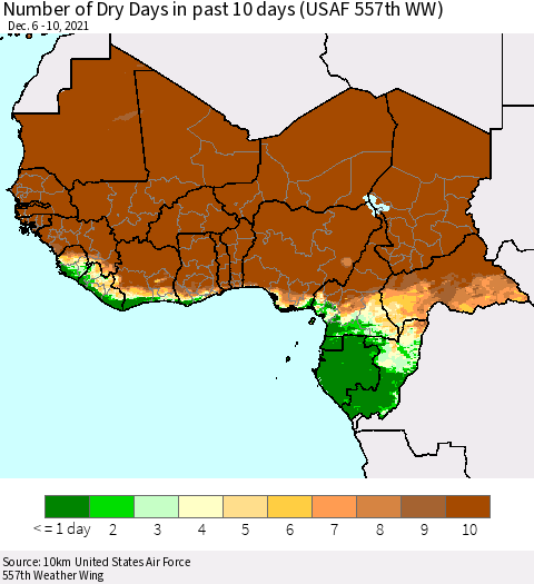 Western Africa Number of Dry Days in past 10 days (USAF 557th WW) Thematic Map For 12/6/2021 - 12/10/2021
