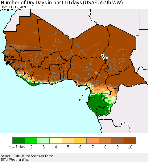 Western Africa Number of Dry Days in past 10 days (USAF 557th WW) Thematic Map For 12/11/2021 - 12/15/2021