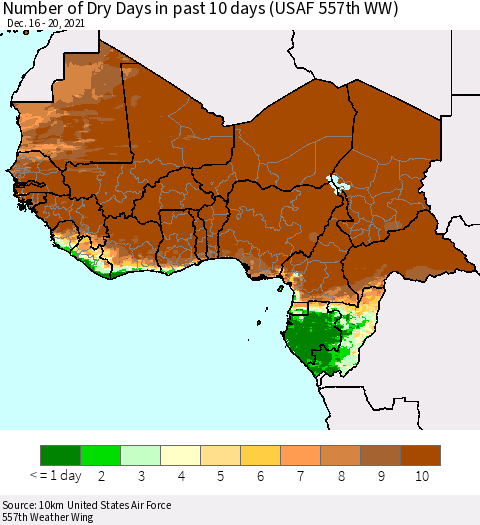 Western Africa Number of Dry Days in past 10 days (USAF 557th WW) Thematic Map For 12/16/2021 - 12/20/2021