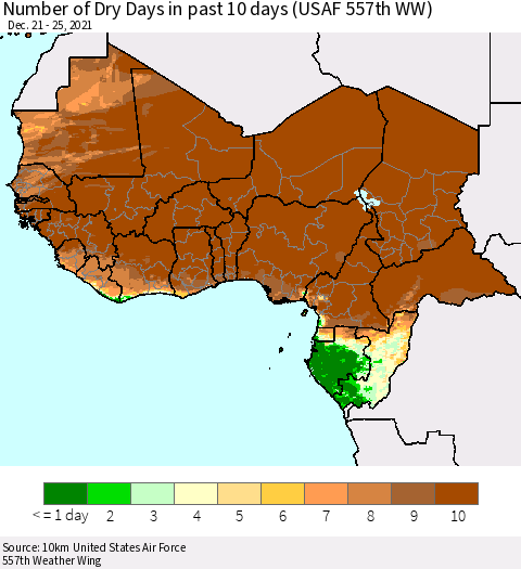 Western Africa Number of Dry Days in past 10 days (USAF 557th WW) Thematic Map For 12/21/2021 - 12/25/2021