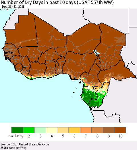 Western Africa Number of Dry Days in past 10 days (USAF 557th WW) Thematic Map For 12/26/2021 - 12/31/2021