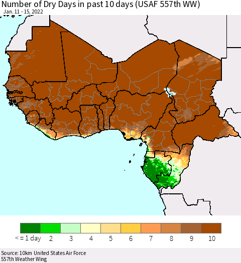Western Africa Number of Dry Days in past 10 days (USAF 557th WW) Thematic Map For 1/11/2022 - 1/15/2022