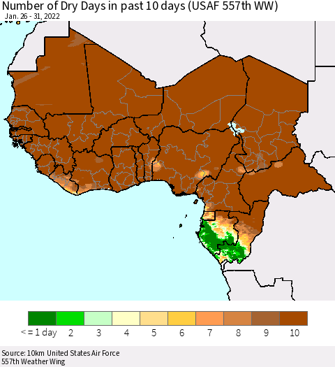 Western Africa Number of Dry Days in past 10 days (USAF 557th WW) Thematic Map For 1/26/2022 - 1/31/2022