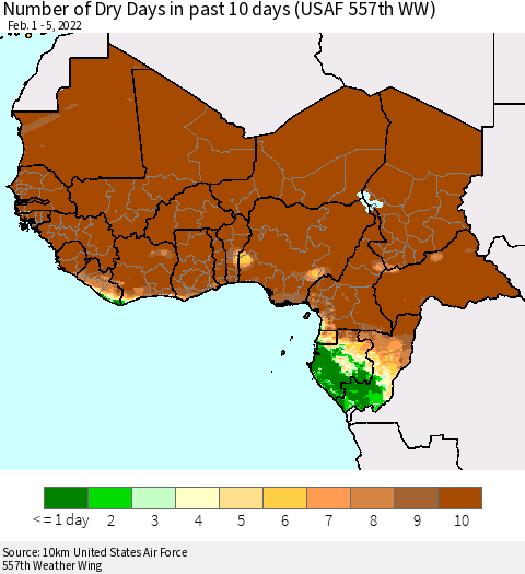 Western Africa Number of Dry Days in past 10 days (USAF 557th WW) Thematic Map For 2/1/2022 - 2/5/2022