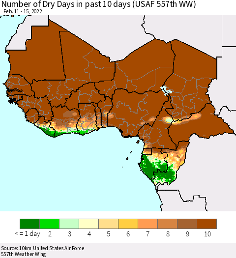 Western Africa Number of Dry Days in past 10 days (USAF 557th WW) Thematic Map For 2/11/2022 - 2/15/2022