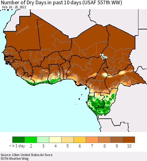 Western Africa Number of Dry Days in past 10 days (USAF 557th WW) Thematic Map For 2/16/2022 - 2/20/2022