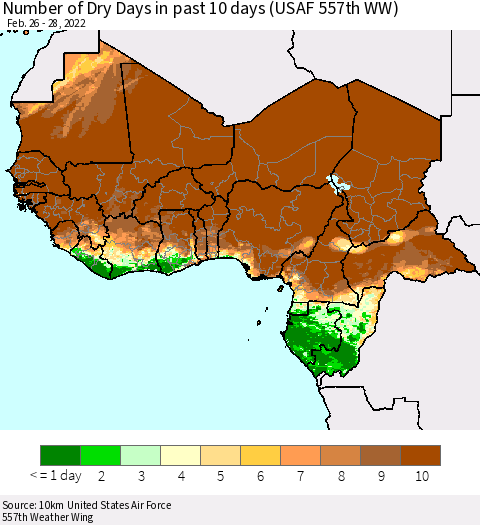 Western Africa Number of Dry Days in past 10 days (USAF 557th WW) Thematic Map For 2/26/2022 - 2/28/2022