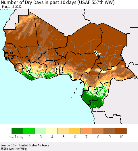 Western Africa Number of Dry Days in past 10 days (USAF 557th WW) Thematic Map For 3/1/2022 - 3/5/2022