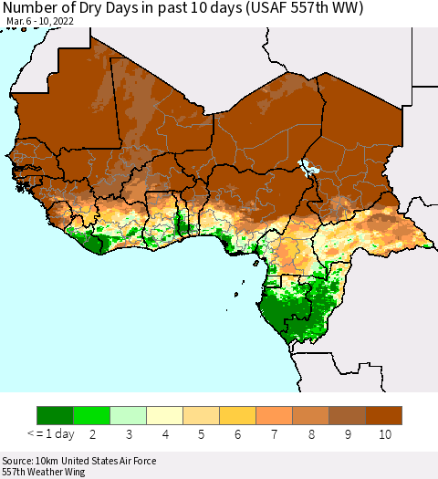 Western Africa Number of Dry Days in past 10 days (USAF 557th WW) Thematic Map For 3/6/2022 - 3/10/2022