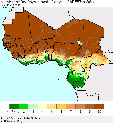 Western Africa Number of Dry Days in past 10 days (USAF 557th WW) Thematic Map For 3/11/2022 - 3/15/2022