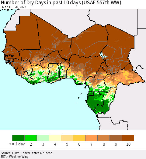 Western Africa Number of Dry Days in past 10 days (USAF 557th WW) Thematic Map For 3/16/2022 - 3/20/2022